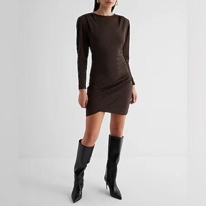 Express Textured Padded Shoulder Ruched Mini Sheath Dress Espresso Size M